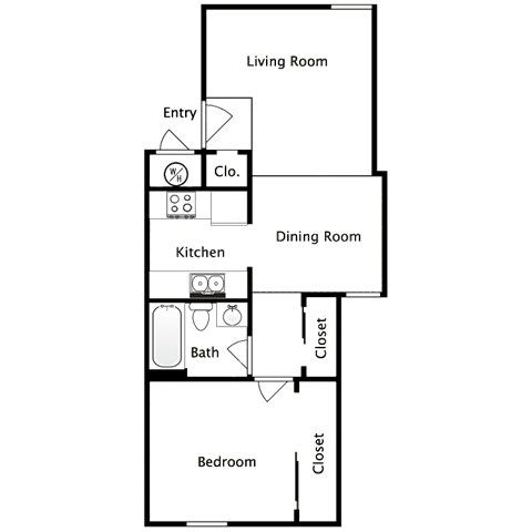 Floor plan for 1 bed, 1 bath, 589 sqft
